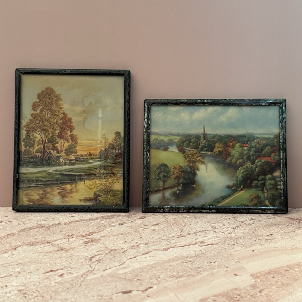 Set of 2 Mid Century Cottage Pastoral Landscape Gallery Wall Art Metal Frame 5x4